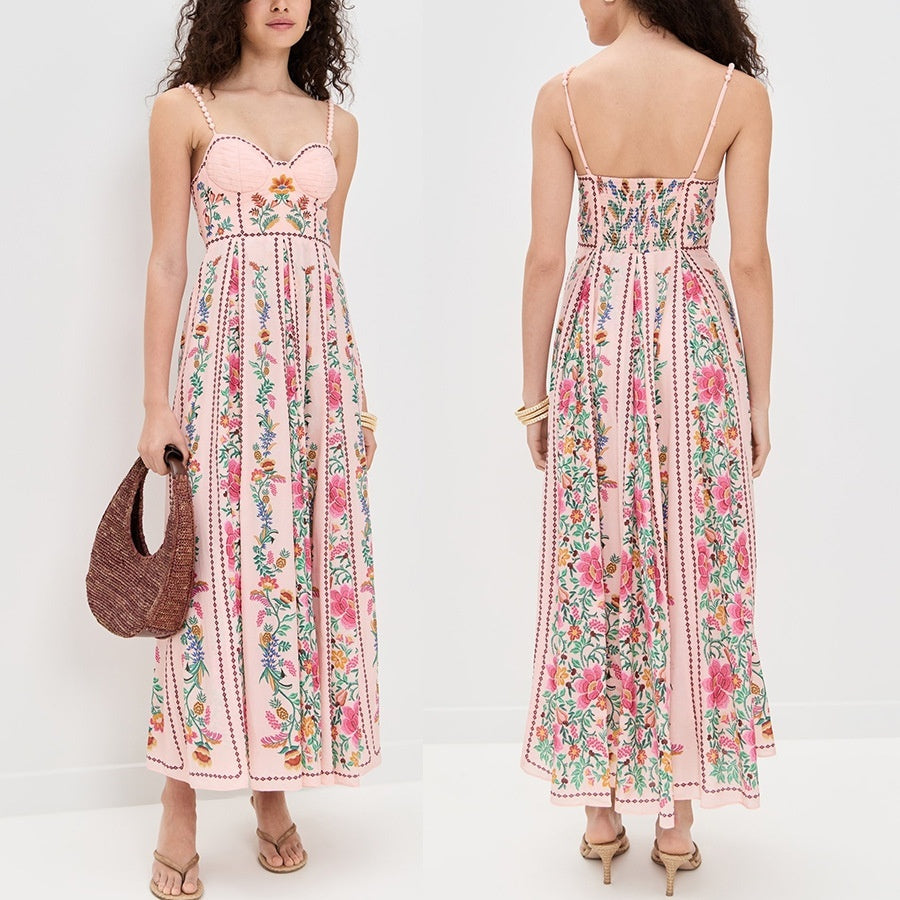 Decorative Beads Sling Positioning Print Holiday Dress