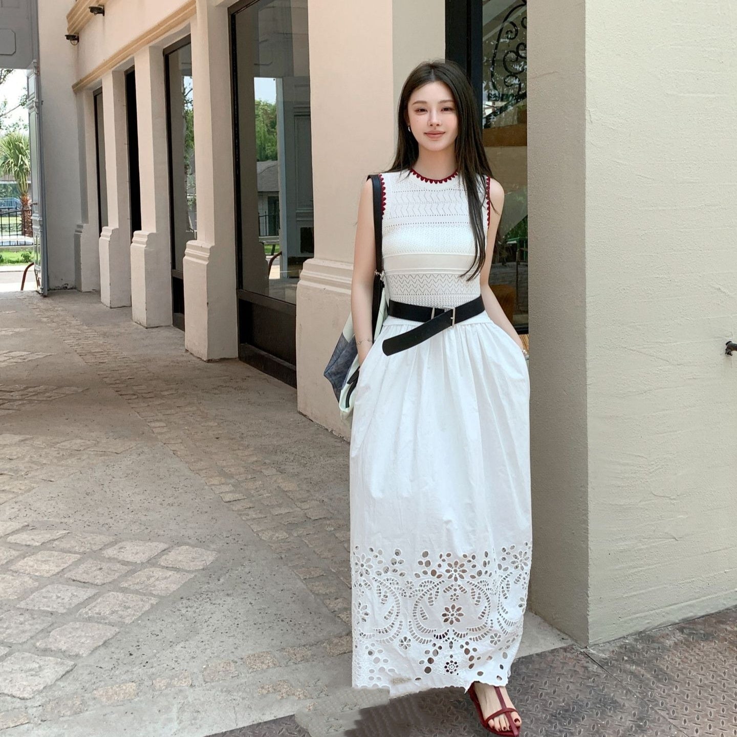 Vacation Style Casual Vest Knitted Stitching Hollow Out Ruffled High Waist Slim Length Dress