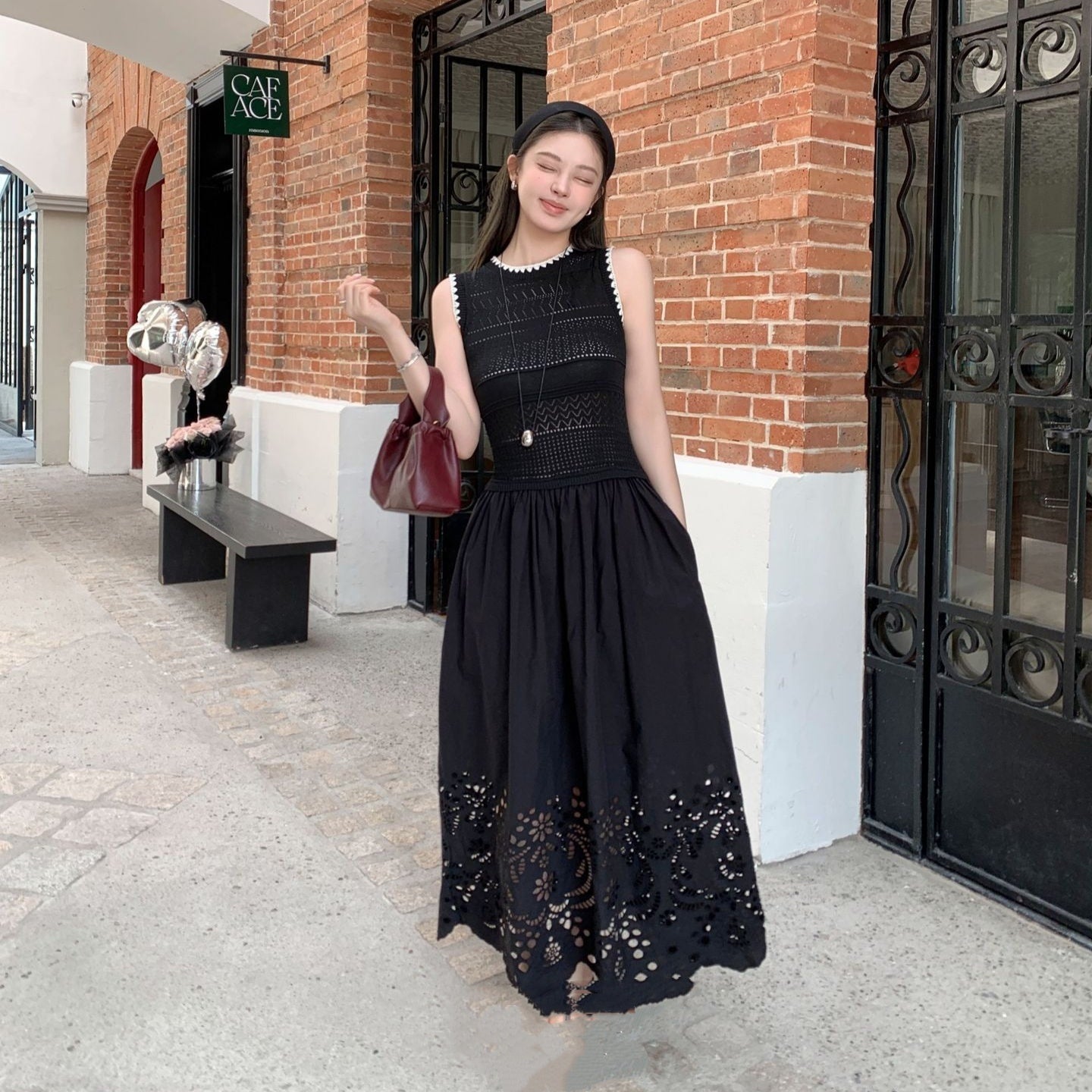 Vacation Style Casual Vest Knitted Stitching Hollow Out Ruffled High Waist Slim Length Dress