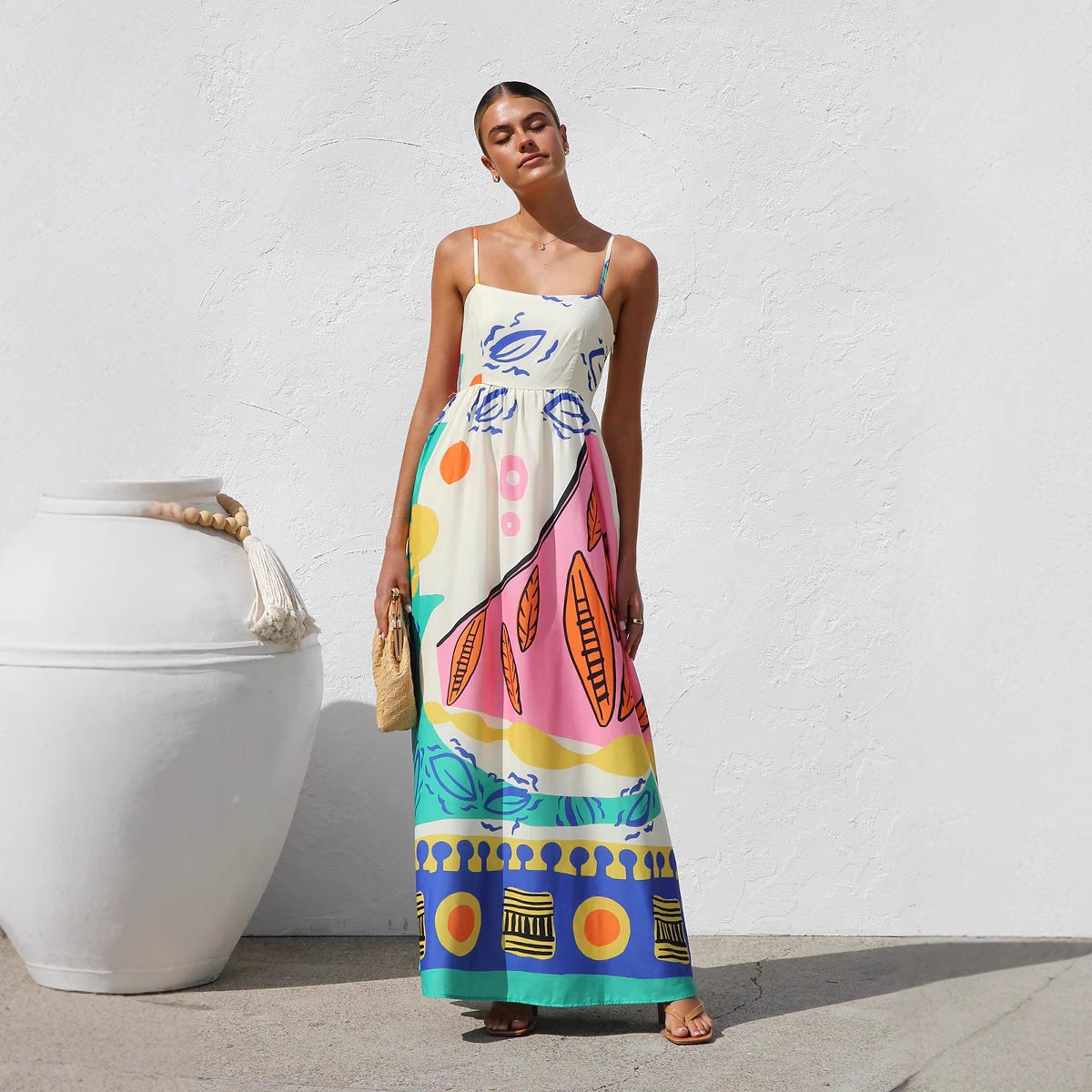 New Bohemian Vacation Style Printing Beach Dress With Suspenders