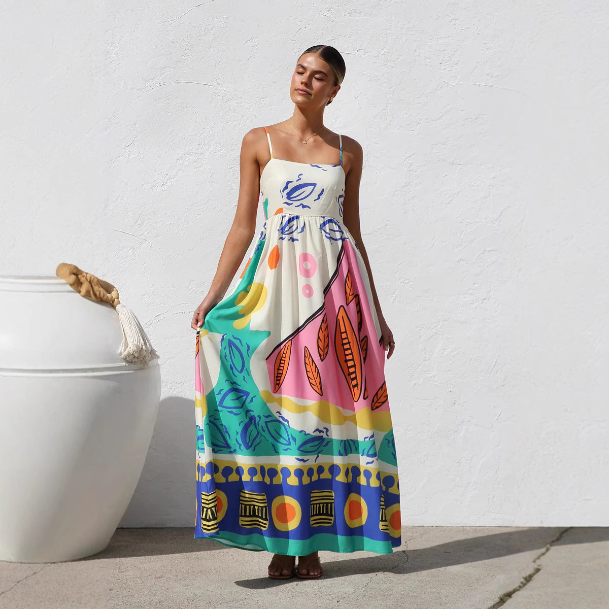 New Bohemian Vacation Style Printing Beach Dress With Suspenders