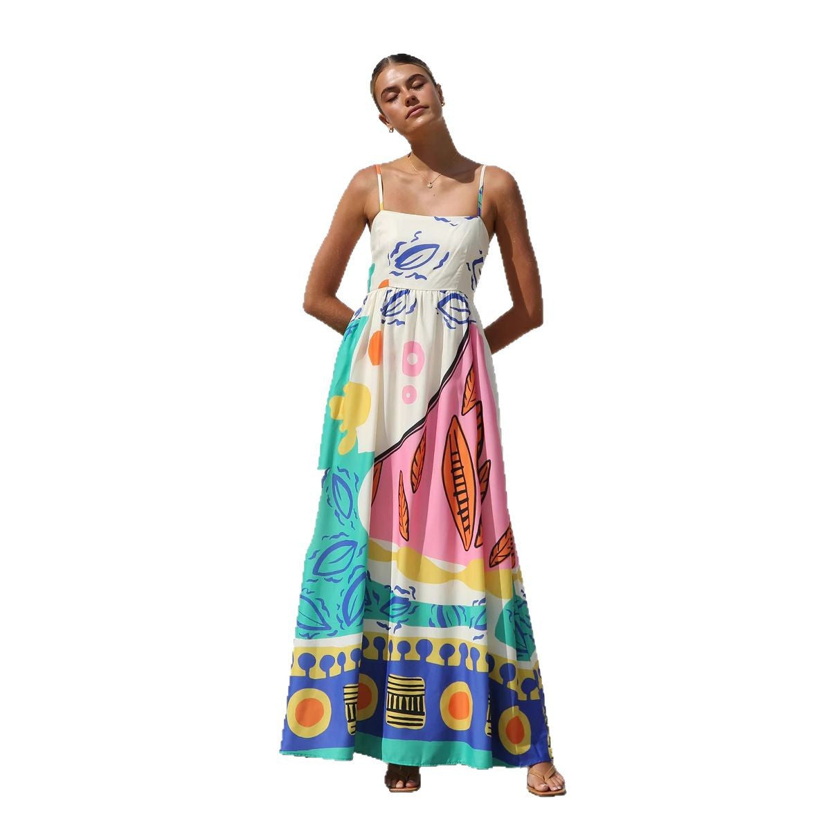 New Bohemian Vacation Style Printing Beach Dress With Suspenders