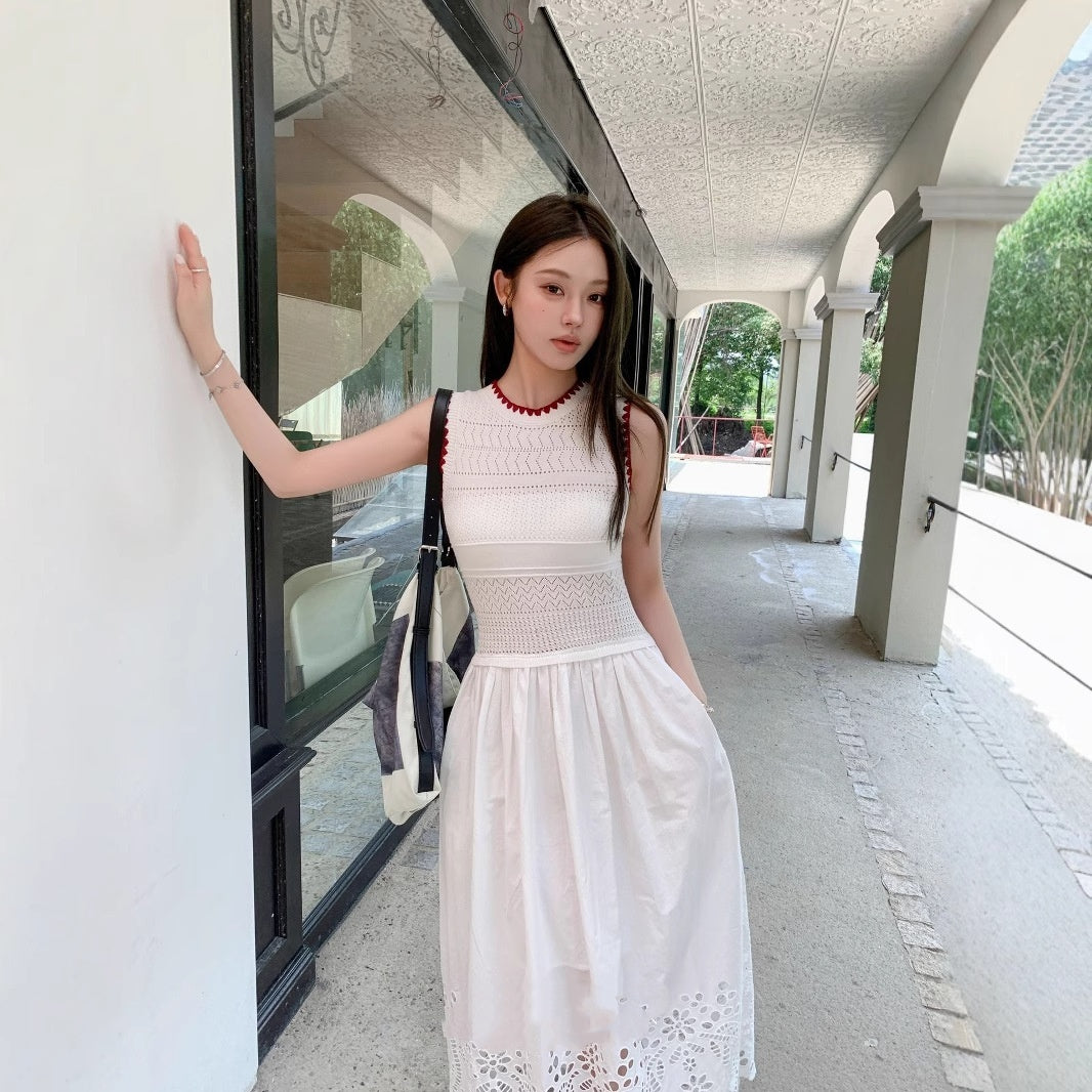Vacation Style Casual Vest Knitted Stitching Hollow Out Ruffled High Waist Slim Length Dress