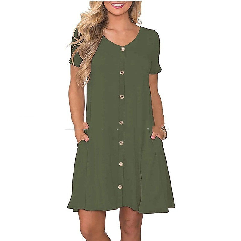 Women's Round Neck Short Sleeve Pocket Dress