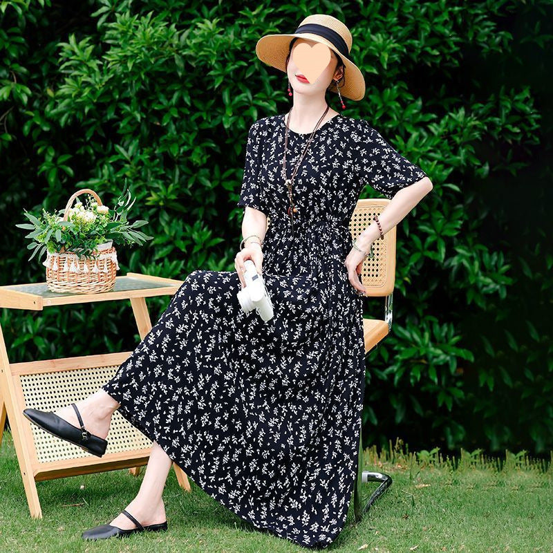 Dress Slimming Waist-tight Floral Overknee Dress Loose Summer Dress