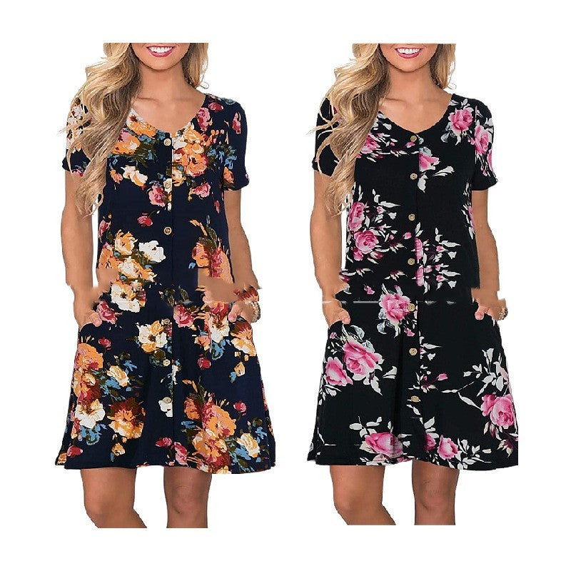 Women's Round Neck Short Sleeve Pocket Dress