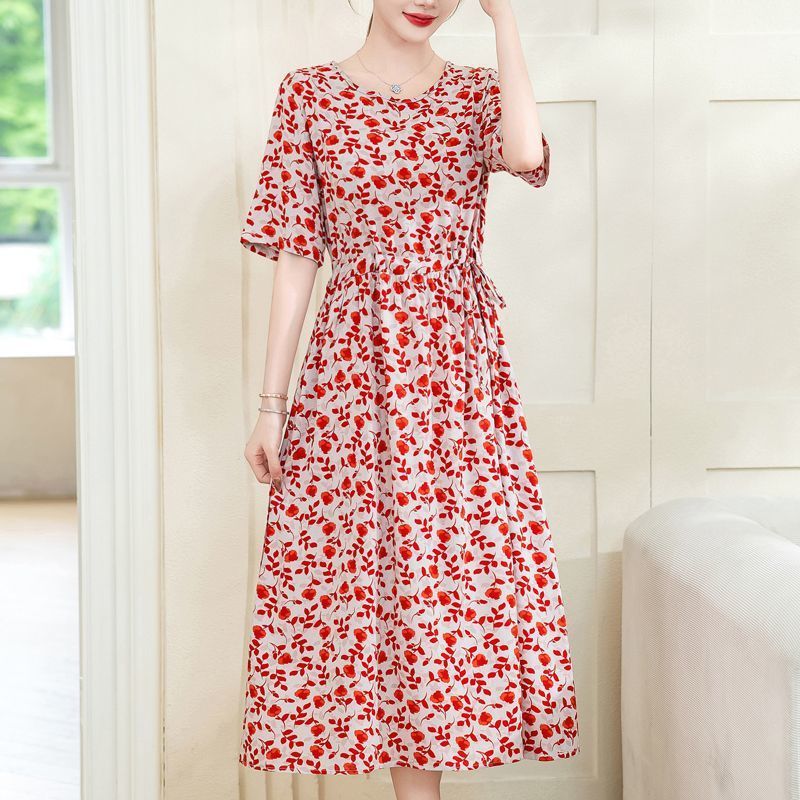 Dress Slimming Waist-tight Floral Overknee Dress Loose Summer Dress