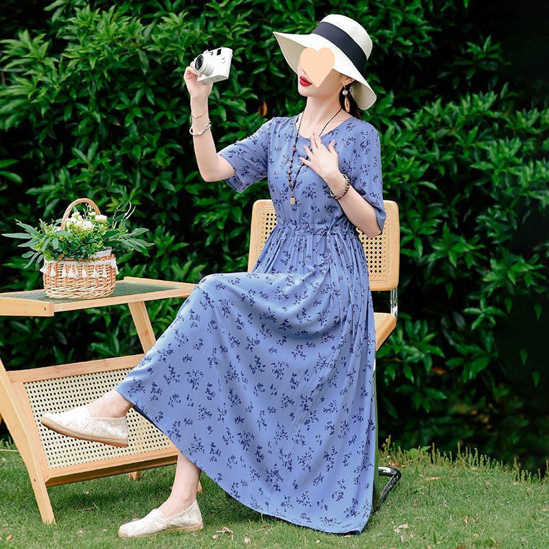 Dress Slimming Waist-tight Floral Overknee Dress Loose Summer Dress