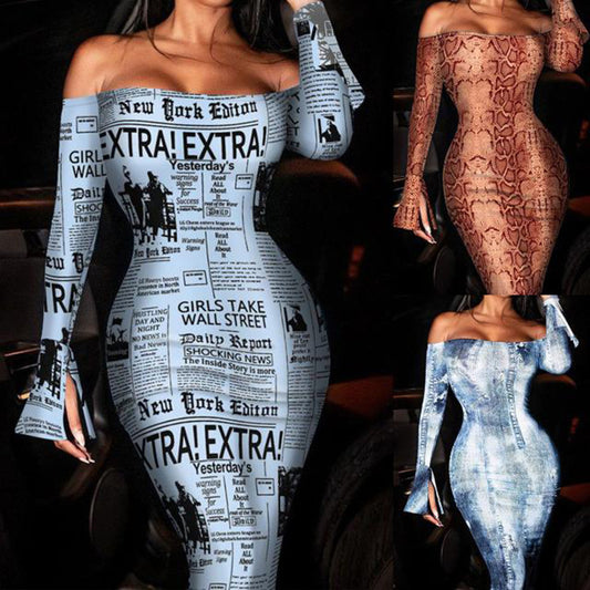 Snake Print Long Sleeve Waist Dress Women