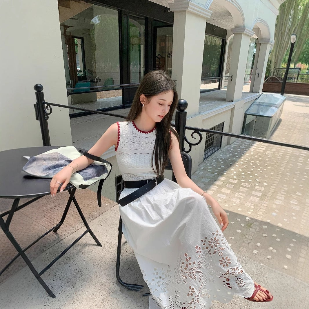 Vacation Style Casual Vest Knitted Stitching Hollow Out Ruffled High Waist Slim Length Dress