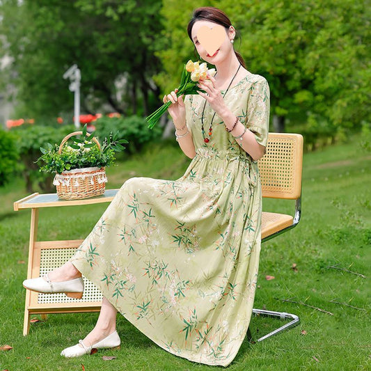 Dress Slimming Waist-tight Floral Overknee Dress Loose Summer Dress