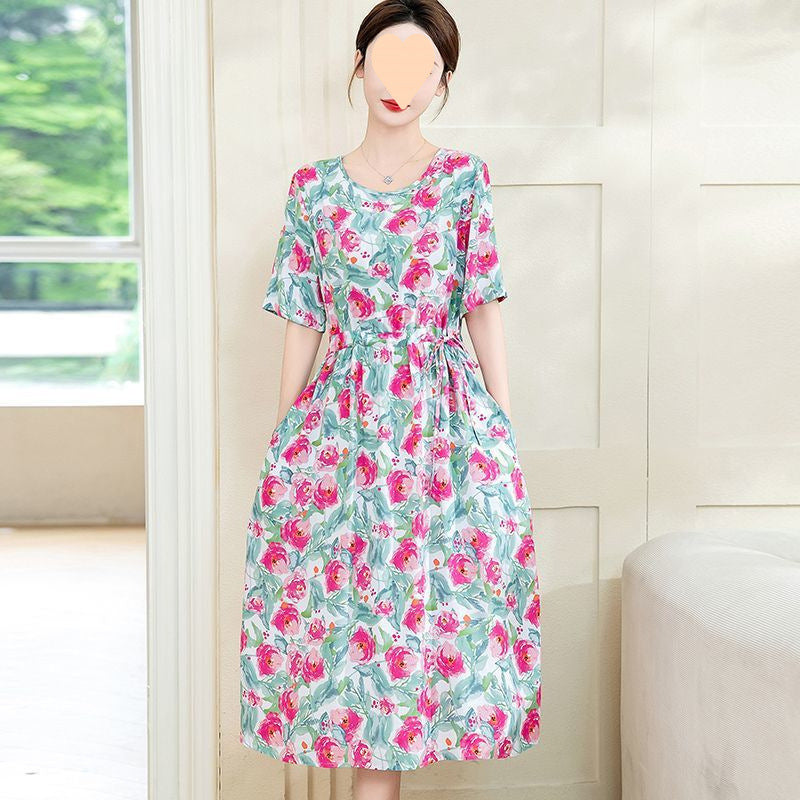 Dress Slimming Waist-tight Floral Overknee Dress Loose Summer Dress