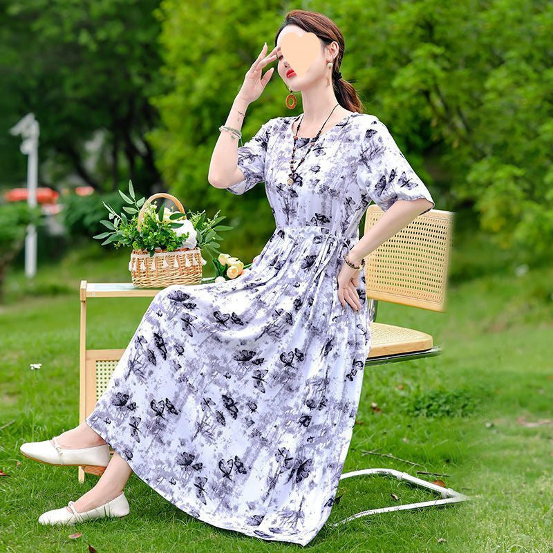Dress Slimming Waist-tight Floral Overknee Dress Loose Summer Dress