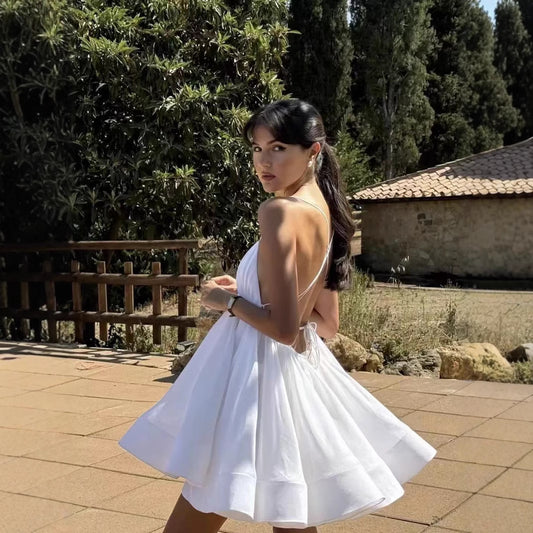 Sexy Sling Deep V-neck Backless Pleated Tulle Tutu Dress