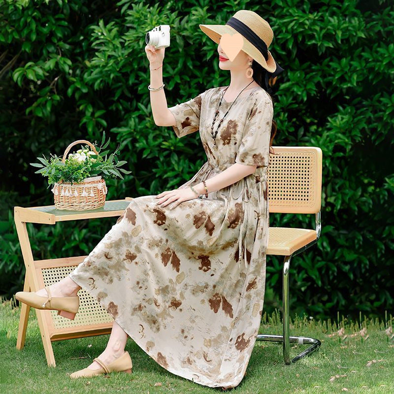 Dress Slimming Waist-tight Floral Overknee Dress Loose Summer Dress