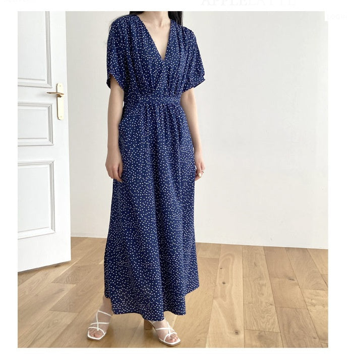 Women's V-neck Short Sleeve Dress Slim-fit Polka Dot Large Swing Dress