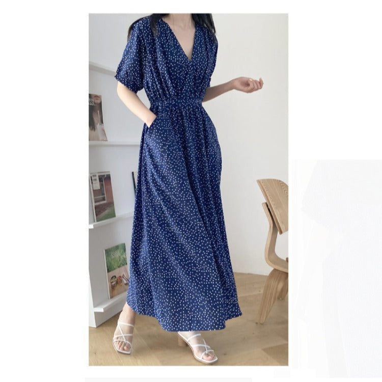 Women's V-neck Short Sleeve Dress Slim-fit Polka Dot Large Swing Dress