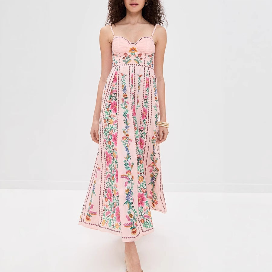 Decorative Beads Sling Positioning Print Holiday Dress