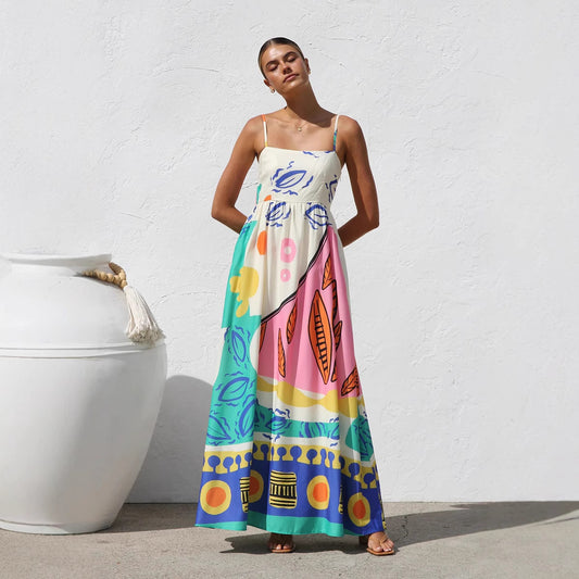New Bohemian Vacation Style Printing Beach Dress With Suspenders