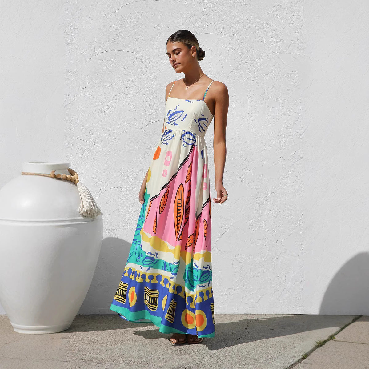 New Bohemian Vacation Style Printing Beach Dress With Suspenders