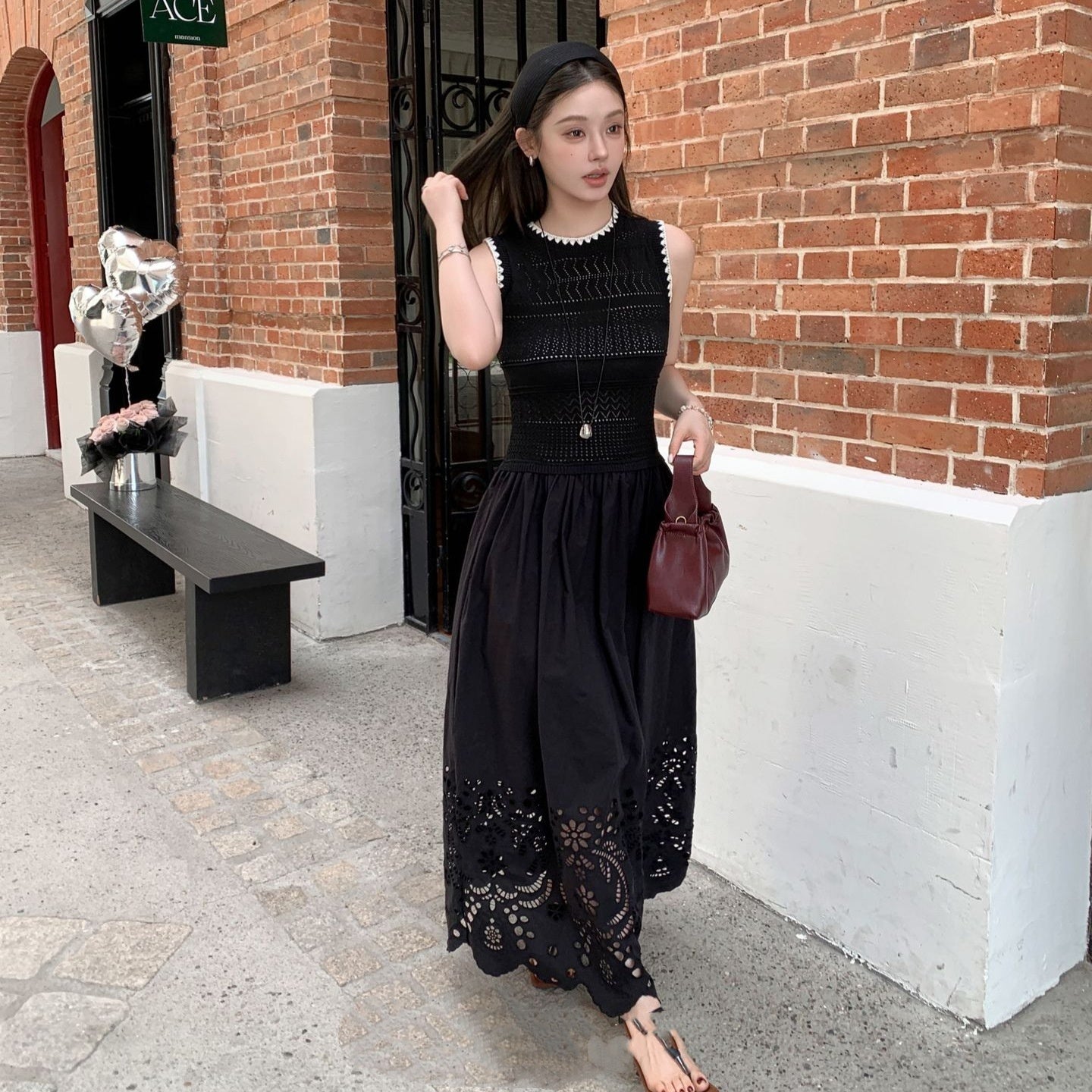 Vacation Style Casual Vest Knitted Stitching Hollow Out Ruffled High Waist Slim Length Dress
