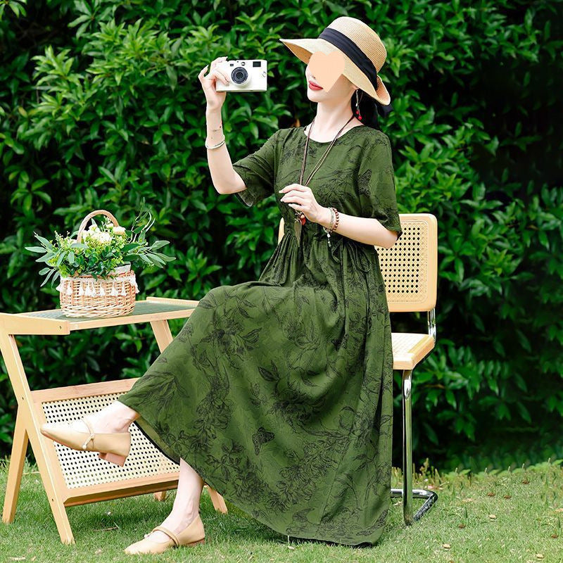 Dress Slimming Waist-tight Floral Overknee Dress Loose Summer Dress