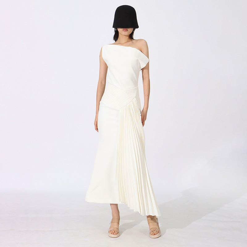 Summer New Shoulder Pleated Irregular Dinner Dress Women