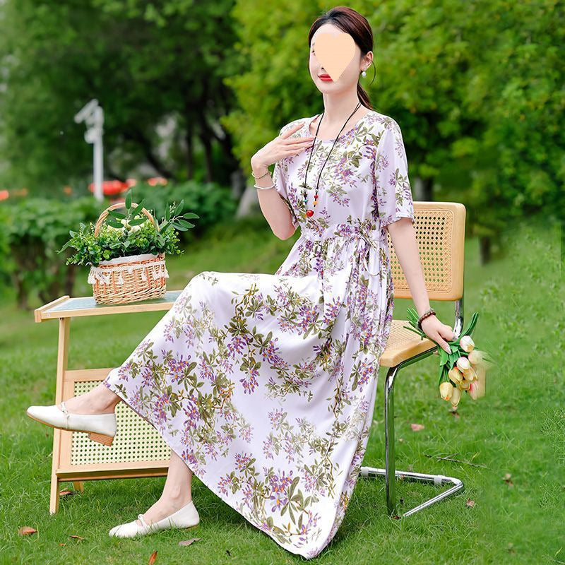 Dress Slimming Waist-tight Floral Overknee Dress Loose Summer Dress