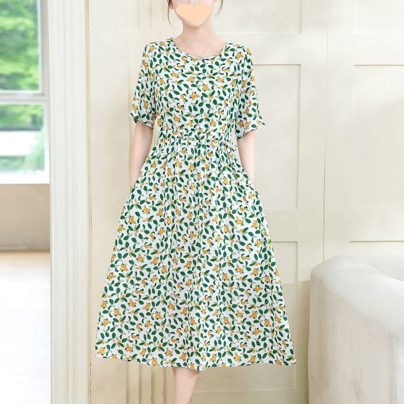 Dress Slimming Waist-tight Floral Overknee Dress Loose Summer Dress